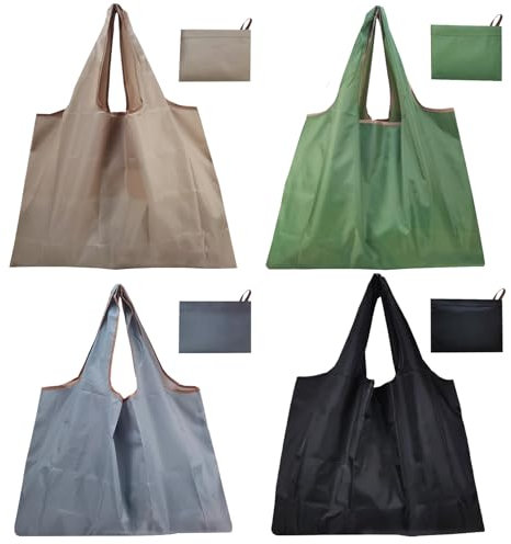 Xmart 4er-Pack Faltbare Einkaufstasche, Groß, Leicht, Waschbar, Reusable, Solid Color, Shopping Bags, Obst und Gemüseaufbewahrung, Unisex, Erwachsene, Schwarz, Beige, Grau, Militärgrün