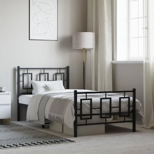 vidaXL Estructura de Cama con Cabecero y Estribo, Somier de Listones de Invitados, Armazón Marco de Cama, Mueble de Dormitorio, Metal Negro 100x190 cm