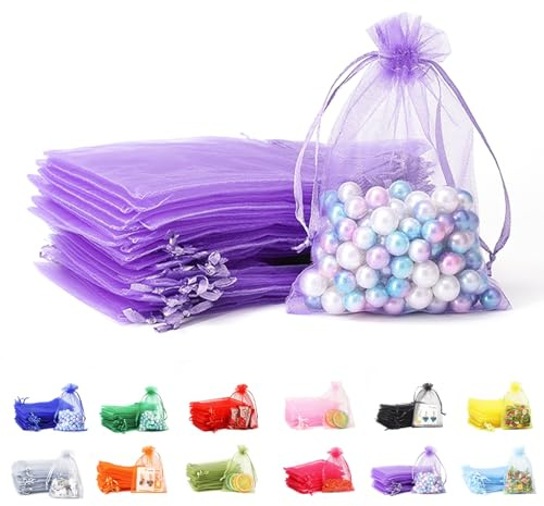 POPOYU Lot de 50 petites pochettes cadeaux en organza violet lilas de 17,8 x 22,9 cm avec cordon de serrage, pochettes transparentes en tulle pour bijoux, cadeaux de mariage, cadeaux de Noël,