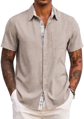 COOFANDY Herren Hemd Kurzarm Sommer Freizeithemd Regular Fit Casual Strand Hemd mit Karierte Hemdleiste