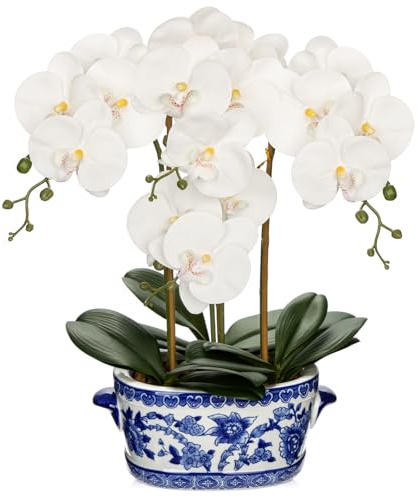 Briful Orchidee bianche artificiali 53 cm, fiori di orchidea finta in seta con vaso blu e bianco, per casa, ufficio, tavolo, centrotavola, decorazione