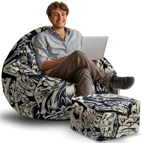 DreamRoots Sitzsack Erwachsene mit Füllung - Bean Bag Chair 90x90x100 cm - Gaming Sitzsack - Sitzsäcke mit Hocker und Bezug Jugendzimmer Jungen,Teenager Samt Stoff 300 gr/m2