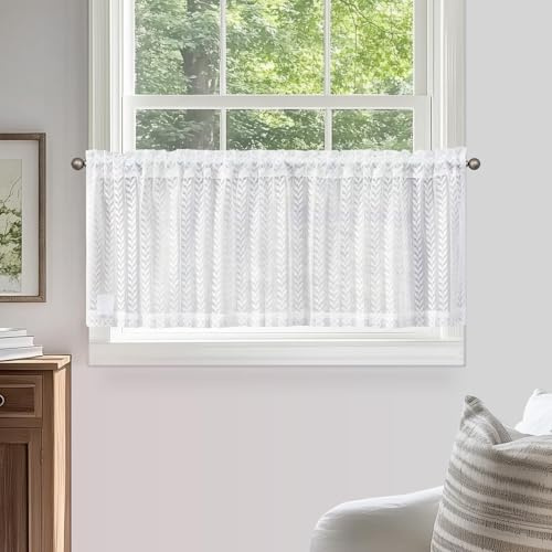 TOPICK Cortinas de Cocina Cortas Modernas 135An x 40Al cm 1 Piezas Blancas | Brise Bise para Ventana con Diseño de Hojas con Diseño de Hojas para Salón, Dormitorio, Decoración para Interiores