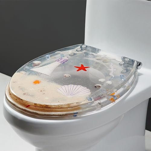 ZJHESXV E,WC-Sitz mit Absenkautomatik, 3D-Effekten Ocean Series Toilettendeckel mit Echte Muscheln und Kies, Runden Klodeckel aus Harz, Klobrille mit Edelstahl Scharnieren, Leicht zu Reinigen