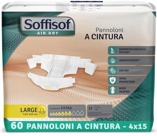 Soffisof Air Dry Pannoloni con Cintura Extra L - 60x Pannoloni per Anziani - 4 Confezioni da 15 Pezzi, Assorbenza fino a 7 Gocce - Ausili Incontinenza Uomo e Donna