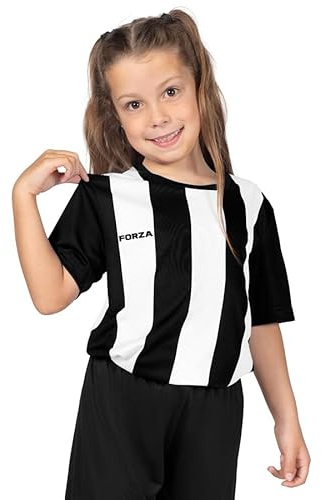 FORZA Randig fotbollströja för barn | Snabbtorkande kortärmad tröja för pojkar och flickor – andningsbar och svettavstötande träningstopp [åldrarna 5-14], Svart och Vit, 7-8 Years