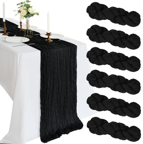 6 Pack 10FT Black Cheesecloth Table Runner 120 Inch Gauze Rustic Boho Cheese Cloth Table Runner Sheer Fabric Decorations for Wedding Party Birthday Bridal Baby Shower Centerpiece Home Decor