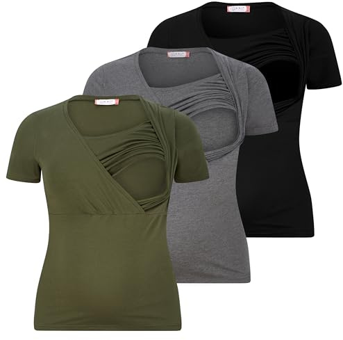 M.M.C. Amningsskjorta uppsättning av 3 enfärgade mammamode graviditet amningsmode mammaskjorta, kortärmad, Svart, mörkgrå, khaki, XL