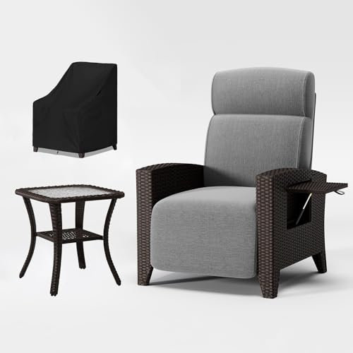 BYYBOU Gartensessel mit Liegefunktion Relaxliege Garden, Polyrattan Gartenmöbel Set mit Tisch & Abdeckung–Ratan Liegesessel Verstellbarer Sessel, ideal als Relaxsessel, Korbsessel Wohnzimmer