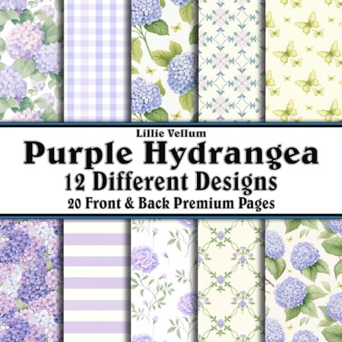 Scrapbook Paper - 20 Front and Back Premium Color Pages: Purple Hydrangea - Spring Blossoms and Patterns in Stunning Purple Violet Indigo Pink and Green - 8.5x8.5
