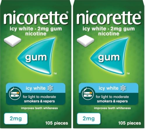 Nicorette Icy White 2mg Gum (105 Pieces), Fast-Acting Nicotine Gum to help curb cravings and Whiten Teeth, Discreet Stop Smoking Aid for Quitting Cigarettes, Chewing Gum (Pack of 2)
