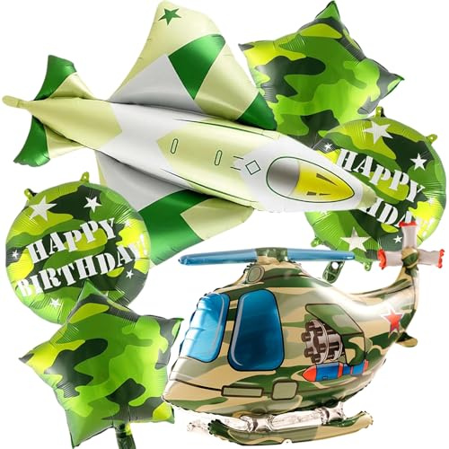 JAHEMU Ballon de Camouflage Avion Ballons Gonflable Hélicoptère Militaire Décoration d'Anniversaire pour Garçon Foil Ballon Étoile Camouflé Rond d'Anniversaire Aluminium Ballons Avion Jouet 6 Pièces