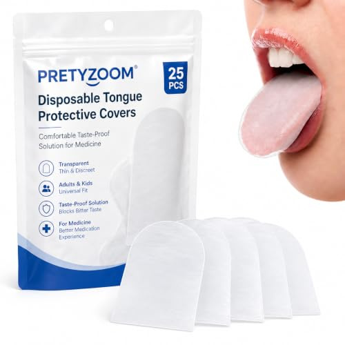 PRETYZOOM Lot de 25 protège-langues jetables en plastique | Manchons non amers pour adultes, enfants, solution confortable et sans goût pour les médicaments amers, transparent