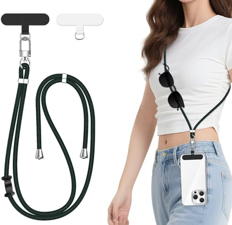 Crossbody Phone Lanyard Adjustable Neck Strap with Secure Patch Holder, Compatible with Most Smartphones – Durable, Hands-Free, Anti-Theft, Multifunctional with Earbud/Glasses Hook - Forest Green