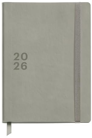 Miquelrius - Agenda 2026 semana vista, Tamaño compacto (140 x 190 mm), Planificación semanal, Cubierta cosida símil piel, Papel 100 g/m², Cierre goma y corte tintado a tono, Español-EN-PT, Gris
