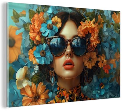 MuchoWow© Glasbilder Wohnzimmer Deko Modern Wandbild Kunstdruck auf Glas | 120x80 cm - Bild Schlafzimmer über Bett Room Decor Geschenke Frau - Orange - Blumen - Blau