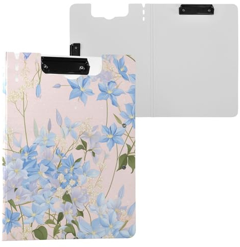 Clipboard Folder Blue Clematis Flowers A4 Clipboard with Padfolio Double Metal Clips Pen Holder Office Clip Board with Hard Cover