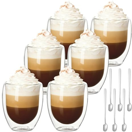 Axincardarm 6 Pcs 350 Ml Double Walled Glass Coffee Mugs with Spoon, Clear Double Glass Cups Without Handle for Latte Cappuccino Juice Milk Tea Ice Cream