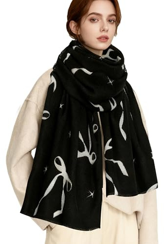 Turmaster Bufanda para mujer, bufanda suave y cálida para otoño e invierno, bufanda para mujer con bonitos motivos de lazos y flecos cortos, 180 x 70 cm,negro