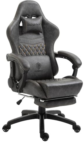 Dowinx Luxuriöser Gaming Stuhl Ergonomisch aus PU Leder mit Boutis-Steppung, Massage-Lendenstütze & Fußstütze, Verstellbarer Bürostuhl 90°-170°, Belastbar bis 200kg, Für Homeoffice & Gaming, Grau