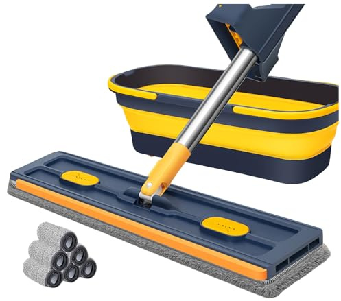 Grand set de balai plat pour la maison, système de balai et seau plat, balais pour le nettoyage des sols et nettoyeur mural, avec seau pliable et 6 tampons en microfibre (Bleu)