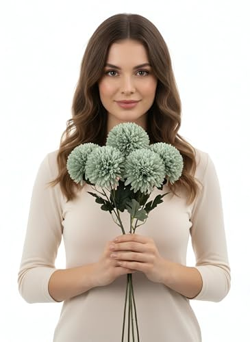 Sorola 6 Large Chrysanthemum Stems Artificial Flowers Faux Tulips Floral Foam 52cm Large Flower Bouquet Bunches Arrangements for Home Decor (Green)