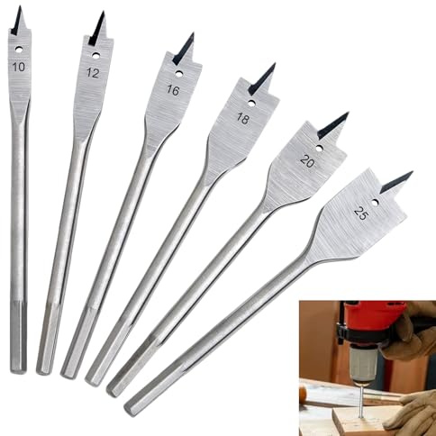 6Pcs Spade Drill Bits Set, High Carbon Steel Heavy Duty Flat Wood Drill Bit Set, 10-25mm Spade Bits, Hexagonal Shank Design, Woodworking Drilling Flat Bit Blades Kit for Drilling in Wood Particleboard