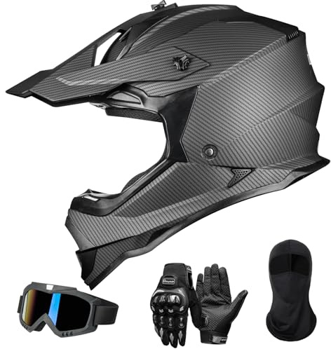 ILM Adulte Casque Moto Homme Femme Motocross Full Face Cycliste Dirt Bike ATV Off Road Go Kart avec Lunettes Gants Masque Homologué ECE22.06 Dot Modèle WS-901,Fibre de Carbone,S