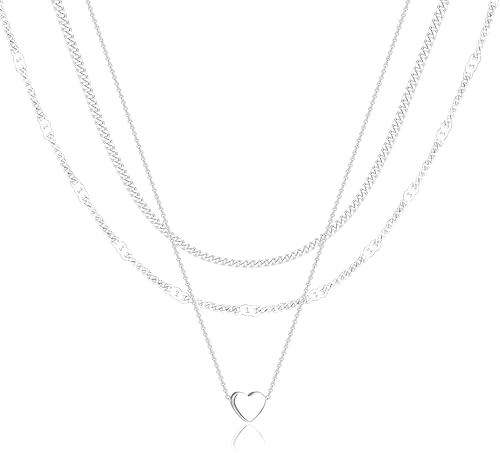 Sterling Silver Heart Necklaces for Women, Dainty Stackable Cute Heart Pendant Layered Tiny Choker Necklaces, Valentine Gifts for Mom Wife Girlfriend Friend Sister Women Beauty Gifts for Young Women