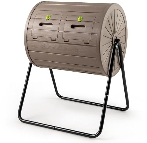 FANTASK 142L Trommelkomposter, 70 x 63 x 92cm, Mobiler Komposter mit 2 abschließbare Türen, Schnellkomposter aus PP & Metall, 360° drehbar, Gartenkomposter für Garten, Balkon (Kaffee)