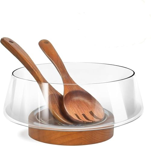 ZDUD Ensaladeras de vidrio,Tazones for mezclar, grandes con servidores base madera maciza, elegantes for utensilios cocina y fiestas(S)