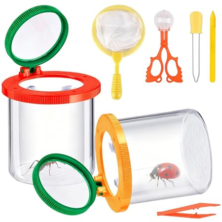 LUFEIS 7 Stück Becherlupe Set, Lupenglas Set, Mit Lupendose, Pinzette, Gummitropfer, Schmetterlingsfangnetz und Insektenfänger Scherenzange, für Outdoor Wissenschaft Natur Erkundung