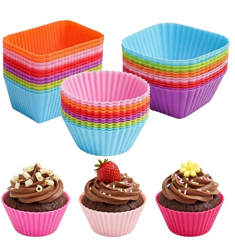 Silicone Muffin Cases, 30-Piece Baking Set with Reusable Silicone Cake Cases, Multi-Shape Muffin Cases for Daily Family Baking and Party Preparations, 10 Round 10 Square 10 Rectangle Moulds