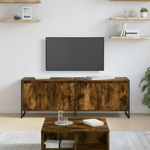 Boltkex TV-skåp, rökfärg av trämaterial, 140 x 36 x 49,5 cm med 4 dörrar, TV-skåp, lågt bord för vardagsrum, hemmabio, förvaringsutrymme för mediemöbler och ordning