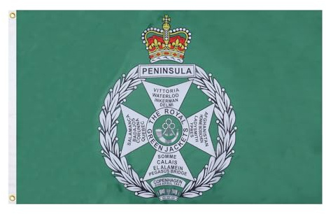 AZ FLAG Drapeau Royal Green Jackets de la British Army 150x90 cm 2 Œillets | Usage intérieur et extérieur Drapeau décoratif du RGJ anglais coutures doubles et bords renforcés avec œillets métalliques
