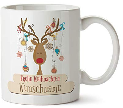 Partycards Personalisierte Tassen zu Weihnachten mit verschiedenen Motiven – Geschenkidee (Rentier Geweih, 300ml)