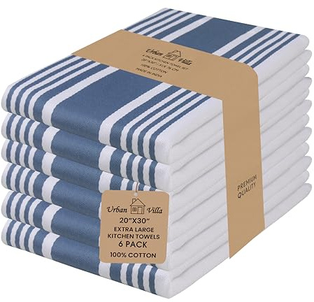 Urban Villa Kitchen Towels Blue White Striped 100% Cotton Set of 6, 20x30 Inch Oversized Dish Cloths, Highly Absorbent, Mitered Corners & Hanging Loop, Hand & Tea Towels, Dish Towels