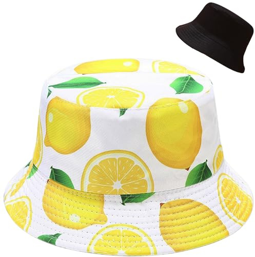 Malaxlx Imprimé de Citron Blanc Bob Chapeau de Pêcheur Femme Chapeau de Soleil Chapeaux de Seau Chapeaux de Visière Chapeau de Plage Pliable Réversible