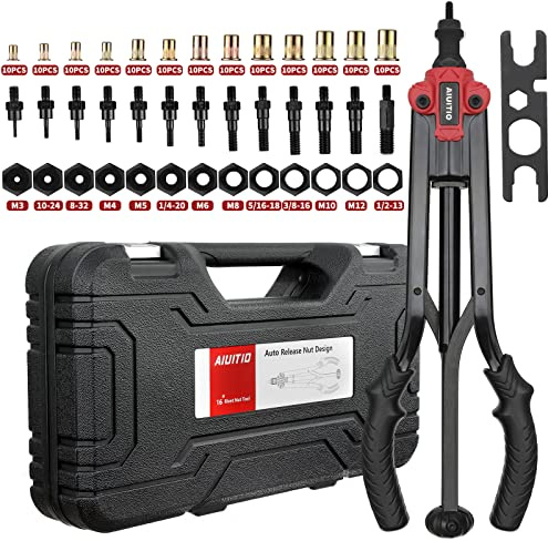 AIUITIO Outil d'écrou de Rivet de 40,6 cm, kit d'outils pour écrou de libération Automatique avec 13 mandrins métriques et SAE, Ensemble d'outils à Rivets avec 130 Rivets et étui en Plastique Robuste
