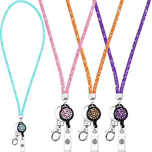 Frienda 4 Pezzi Collana con Cordino in Cristallo con Porta Badge Retrattile e Portachiavi, Porta Carte ID Cinturino Cordino in Cristallo con Strass Bling (Azzurro, Arancione, Rosa, Viola)