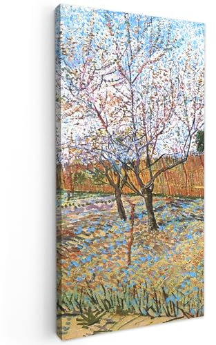 MuchoWow Leinwand Bilder, Einzigartige Wanddeko mit Rahmen, Blühender Pfirsichbaum - Vincent van Gogh, Wandbilder Wohnzimmer, Deko Schlafzimmer 20x40 cm