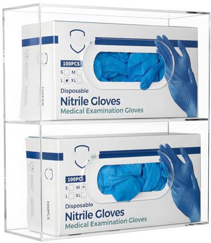 Aphbrada Acrylic Glove Box Dispenser Holder, Wall Mounted Double Gloves Rack for Medical, Latex, Rubber, Nitrile, Exam, Disposable Glove Boxes, Tissues Box Cover Holder, Clear
