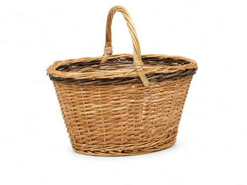 Cesta para Setas Pequeña Hecha en España - Cesto de Mimbre Natural Dorado con Ribete Oscuro y Asa para Recolección de Setas, Frutas y Verduras - 26x36x21/33 cm - Artesanal