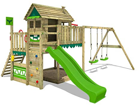 FATMOOSE Spielturm Klettergerüst MightyMansion Move XXL mit Schaukel & apfelgrüner Rutsche, Outdoor Kinder Kletterturm mit Sandkasten Leiter & Spiel-Zubehör für den Garten