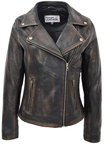 Chaqueta de motociclista de piel auténtica para mujer, estilo Lola, Frotar., 46