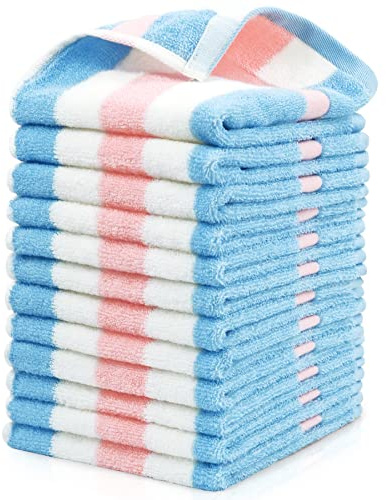 Jacquotha Cotton 12 Pack Striped Washcloths, 13 x 13 Inches, 3 Colors - Face and Body Cleansing Towels