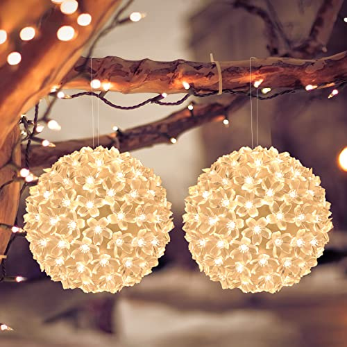 Lewondr Weihnachtskugel, batteriebetriebene Kirschblüten-Kugeln, dekorative beleuchtete Kugeln, hängende Dekoration mit 100 Glühbirnen für Weihnachten, Party, Hochzeit, Zuhause, mit Timer-Funktion,