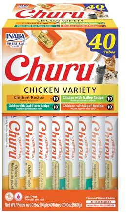 INABA Churu Cat Treats, Grain-Free, Lickable, Squeezable Creamy Purée Cat Treat/Topper with Vitamin E & Taurine, 0.5 Ounces Each Tube, 40 Tubes, Chicken Variety Box