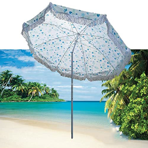 1.8M Tiltable Open-air Parasol,Fringed Garden Umbrella,Blue Pattern,Waterproof Anti-UV Oxford Fabric,Beach Courtyard Patio Market Umbrella,Folding Umbrella (Base Optional)