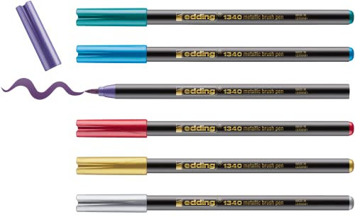 edding 1340 Metallic Pinselstift - 6er-Set - flexible Pinselfeder 1-6 mm - Metallic marker zum Schreiben, Zeichnen und Skizzieren - hohe Deckkraft auch auf dunklem Papier